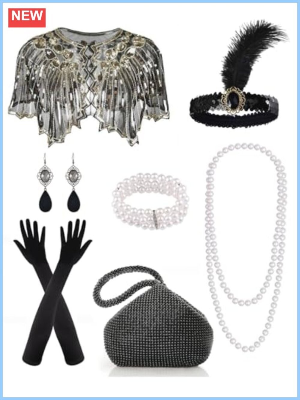 1920s Flapper Accessories Set Sequin Shawl Headpiece Gloves Clutch Purse Pearl